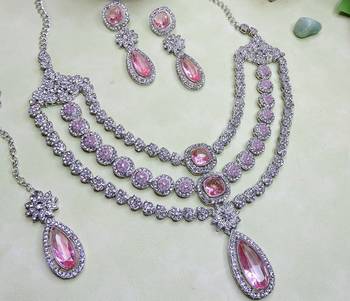 Pink rhodium premium designer american diamond and stone work necklace set 3