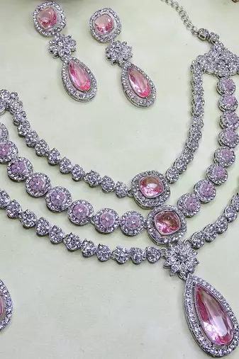 Pink rhodium premium designer american diamond and stone work necklace set