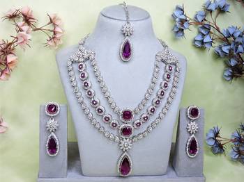 Purple rhodium premium designer american diamond and stone work necklace set 1