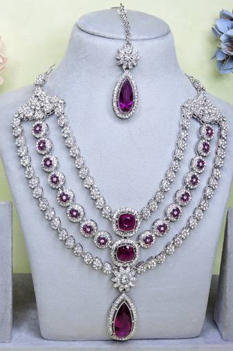 Purple rhodium premium designer american diamond and stone work necklace set