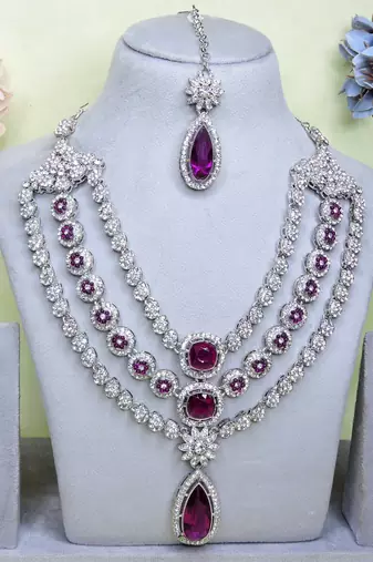 Purple rhodium premium designer american diamond and stone work necklace set