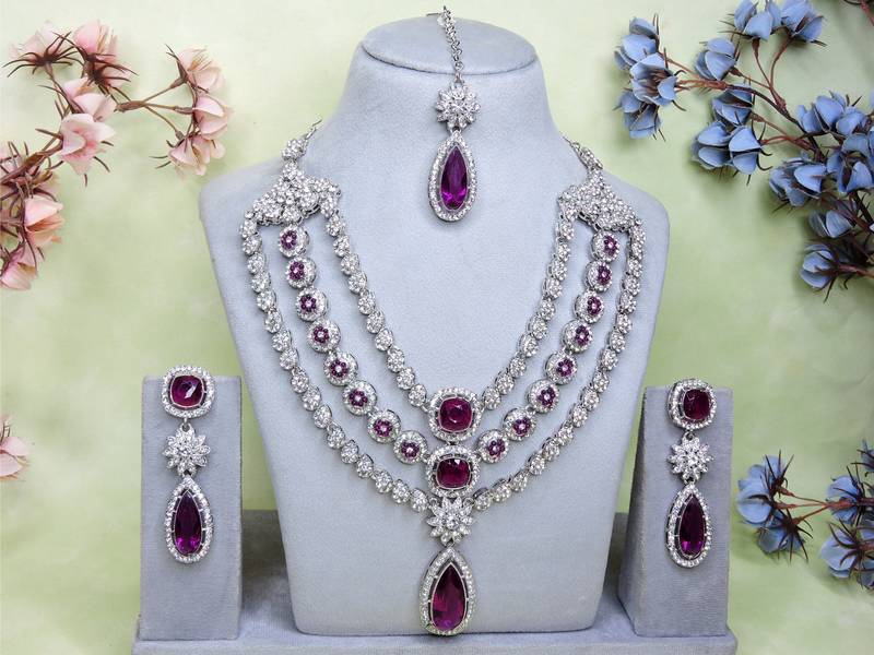 Purple rhodium premium designer american diamond and stone work necklace set