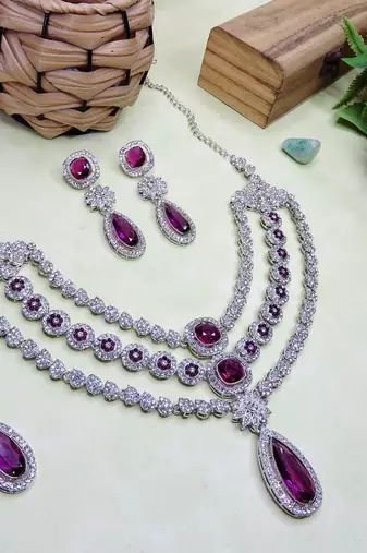 Purple rhodium premium designer american diamond and stone work necklace set