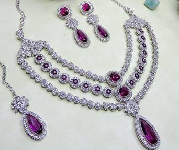 Purple rhodium premium designer american diamond and stone work necklace set 3