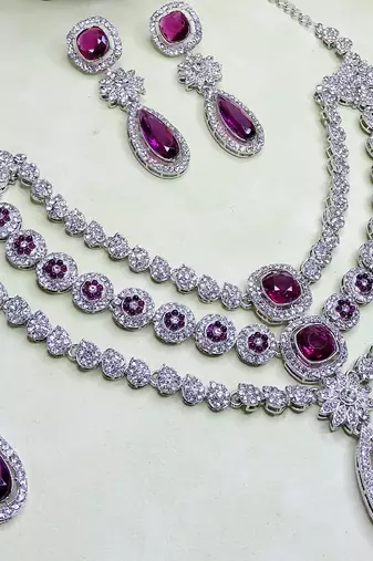 Purple rhodium premium designer american diamond and stone work necklace set