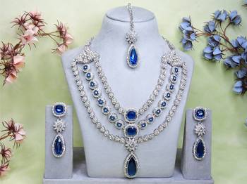 Blue rhodium premium designer american diamond and stone work necklace set 1
