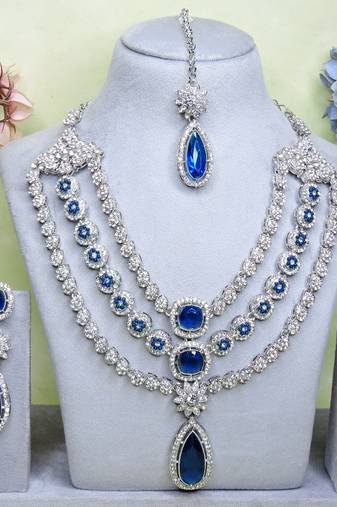 Blue rhodium premium designer american diamond and stone work necklace set