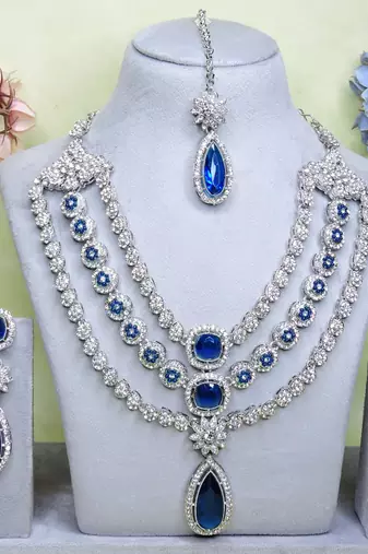 Blue rhodium premium designer american diamond and stone work necklace set