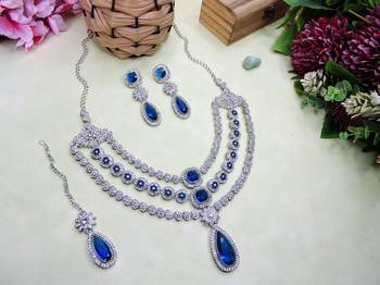 Blue rhodium premium designer american diamond and stone work necklace set 2