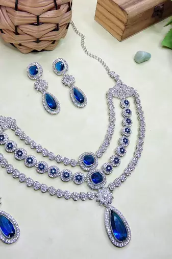 Blue rhodium premium designer american diamond and stone work necklace set
