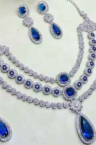 Blue rhodium premium designer american diamond and stone work necklace set
