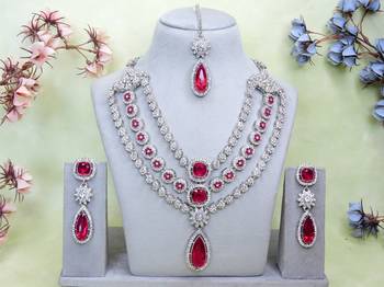 Pink rhodium premium designer american diamond and stone work necklace set 1