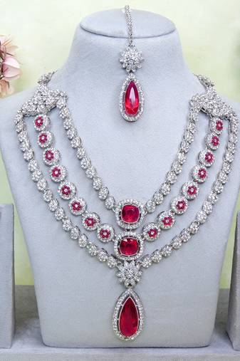 Pink rhodium premium designer american diamond and stone work necklace set