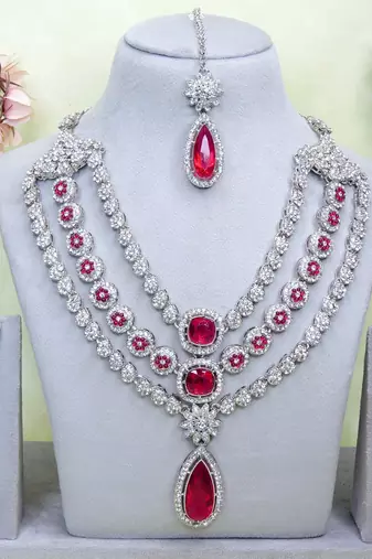 Pink rhodium premium designer american diamond and stone work necklace set