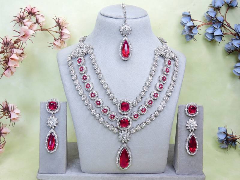 Pink rhodium premium designer american diamond and stone work necklace set