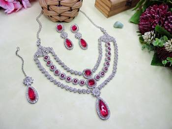 Pink rhodium premium designer american diamond and stone work necklace set 2