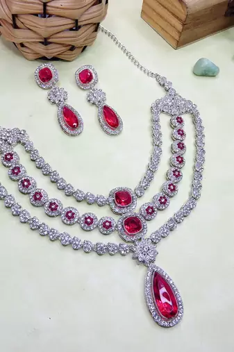 Pink rhodium premium designer american diamond and stone work necklace set
