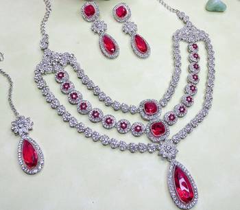 Pink rhodium premium designer american diamond and stone work necklace set 3