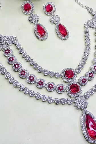 Pink rhodium premium designer american diamond and stone work necklace set