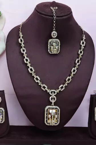 Gold yellow gold premium designer american diamond and stone work necklace set
