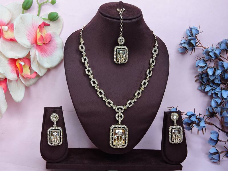 Gold yellow gold premium designer american diamond and stone work necklace set