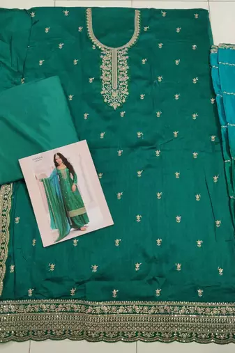 Green Premium Embroidered Vichitra Silk Semi Stitched Salwar Suit