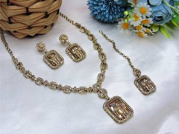 Gold yellow gold premium designer american diamond and stone work necklace set 2