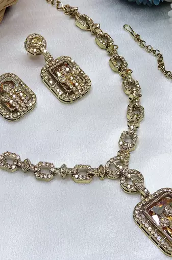 Gold yellow gold premium designer american diamond and stone work necklace set
