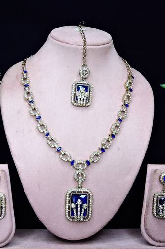 Blue yellow gold premium designer american diamond and stone work necklace set