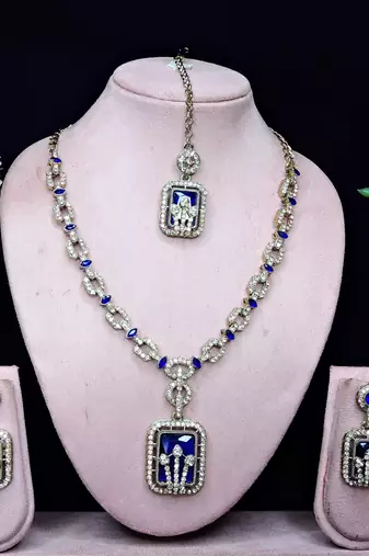 Blue yellow gold premium designer american diamond and stone work necklace set
