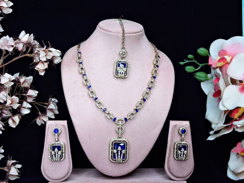 Blue yellow gold premium designer american diamond and stone work necklace set