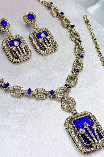 Blue yellow gold premium designer american diamond and stone work necklace set