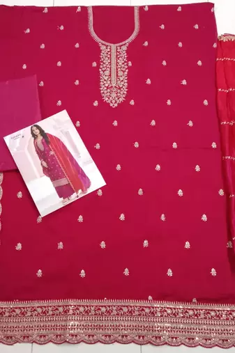 Pink Premium Embroidered Vichitra Silk Semi Stitched Salwar Suit