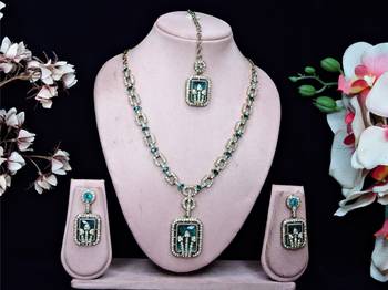 Green yellow gold premium designer american diamond and stone work necklace set 1