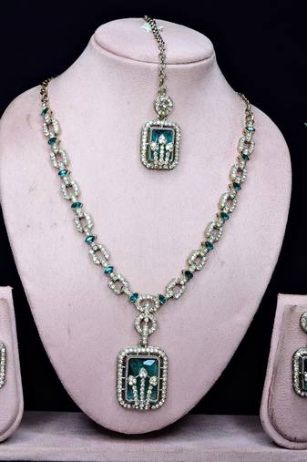 Green yellow gold premium designer american diamond and stone work necklace set