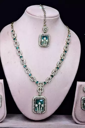 Green yellow gold premium designer american diamond and stone work necklace set