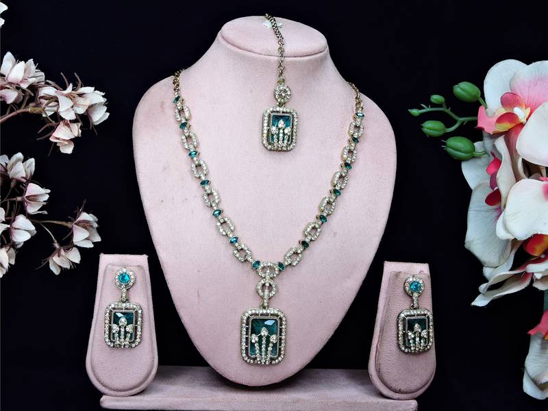 Green yellow gold premium designer american diamond and stone work necklace set
