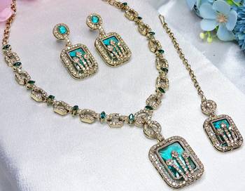 Green yellow gold premium designer american diamond and stone work necklace set 2