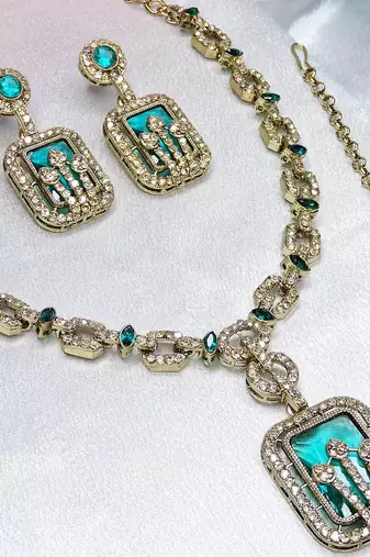 Green yellow gold premium designer american diamond and stone work necklace set