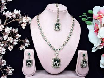 Green yellow gold premium designer american diamond and stone work necklace set 1