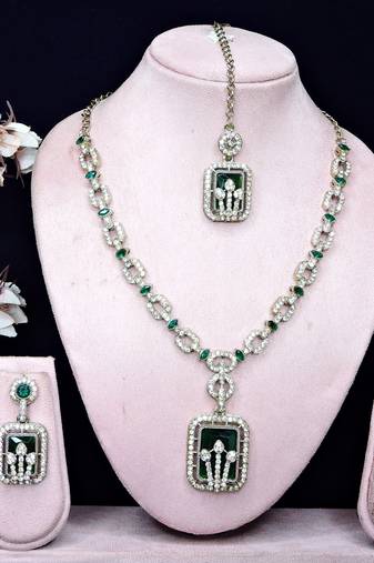 Green yellow gold premium designer american diamond and stone work necklace set