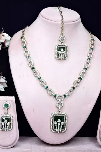 Green yellow gold premium designer american diamond and stone work necklace set