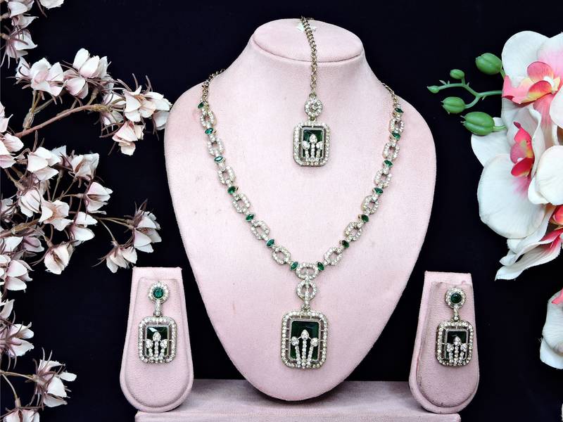 Green yellow gold premium designer american diamond and stone work necklace set