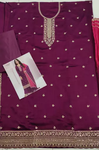 Purple Premium Embroidered Vichitra Silk Semi Stitched Salwar Suit