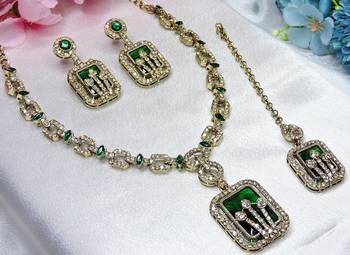 Green yellow gold premium designer american diamond and stone work necklace set 2