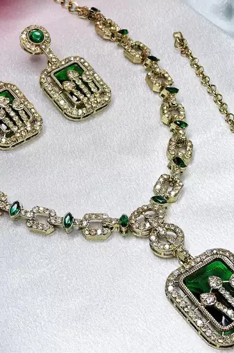 Green yellow gold premium designer american diamond and stone work necklace set