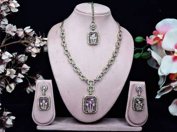 Purple yellow gold premium designer american diamond and stone work necklace set 1