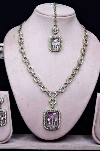 Purple yellow gold premium designer american diamond and stone work necklace set