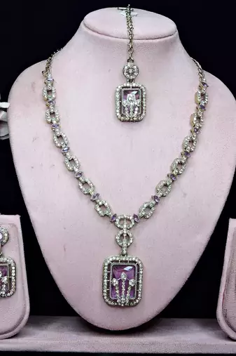 Purple yellow gold premium designer american diamond and stone work necklace set