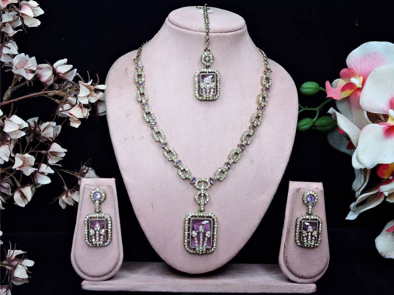 Purple yellow gold premium designer american diamond and stone work necklace set